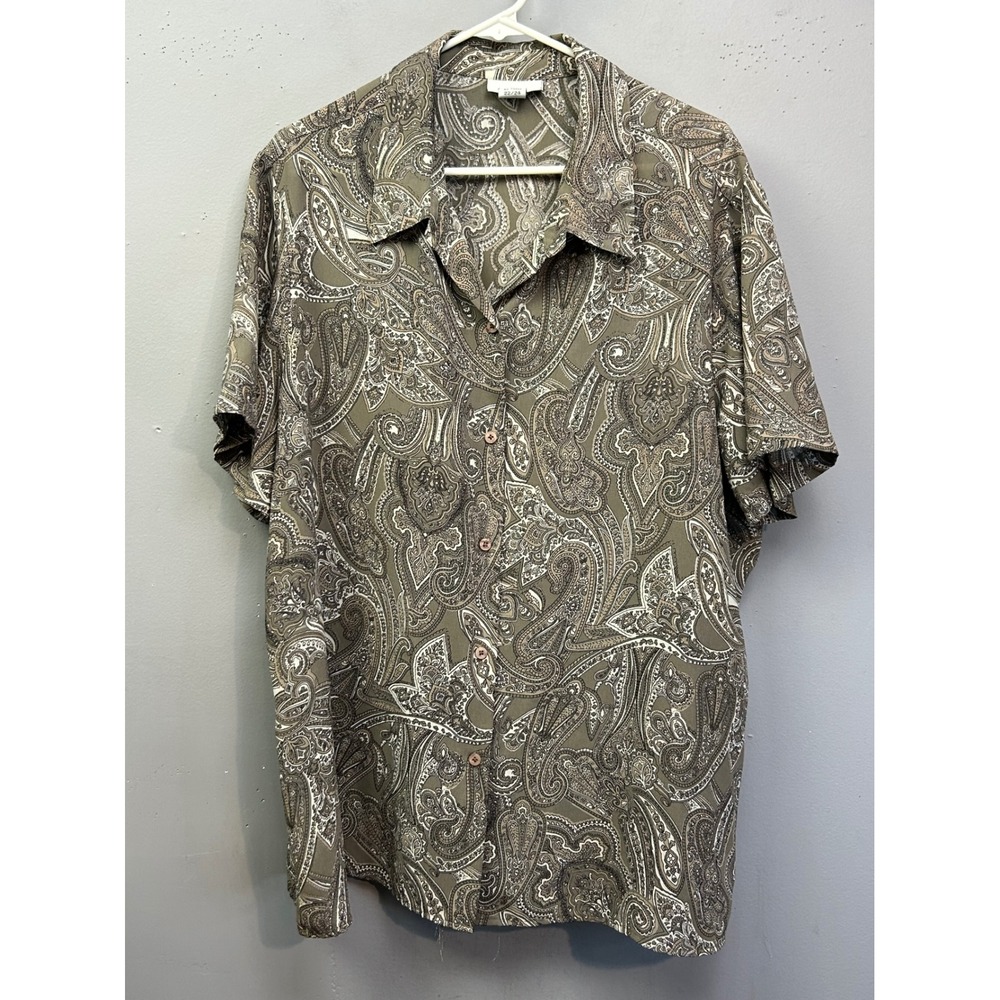 Avenue Button Up Shirt Womens 22/24‎ Green Paisley Short Sleeve Blouse Plus Size
